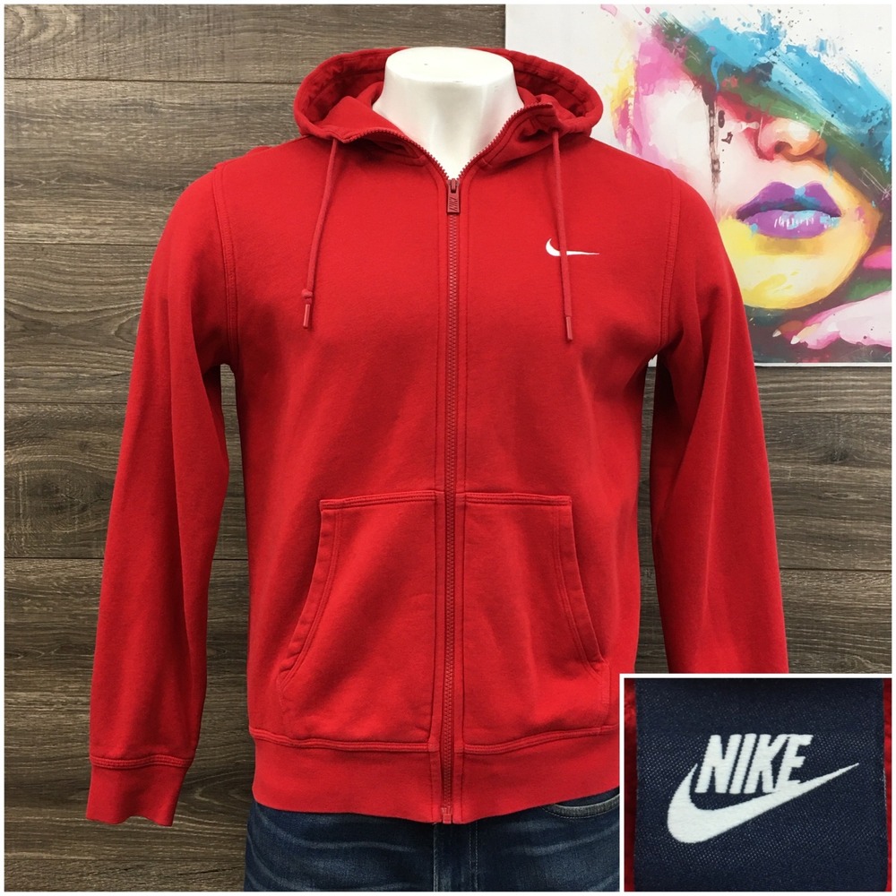 VINTAGE Nike Mens Full Zip Hoodie Red Fleece Swoosh Logo Sweatshirt Size Large